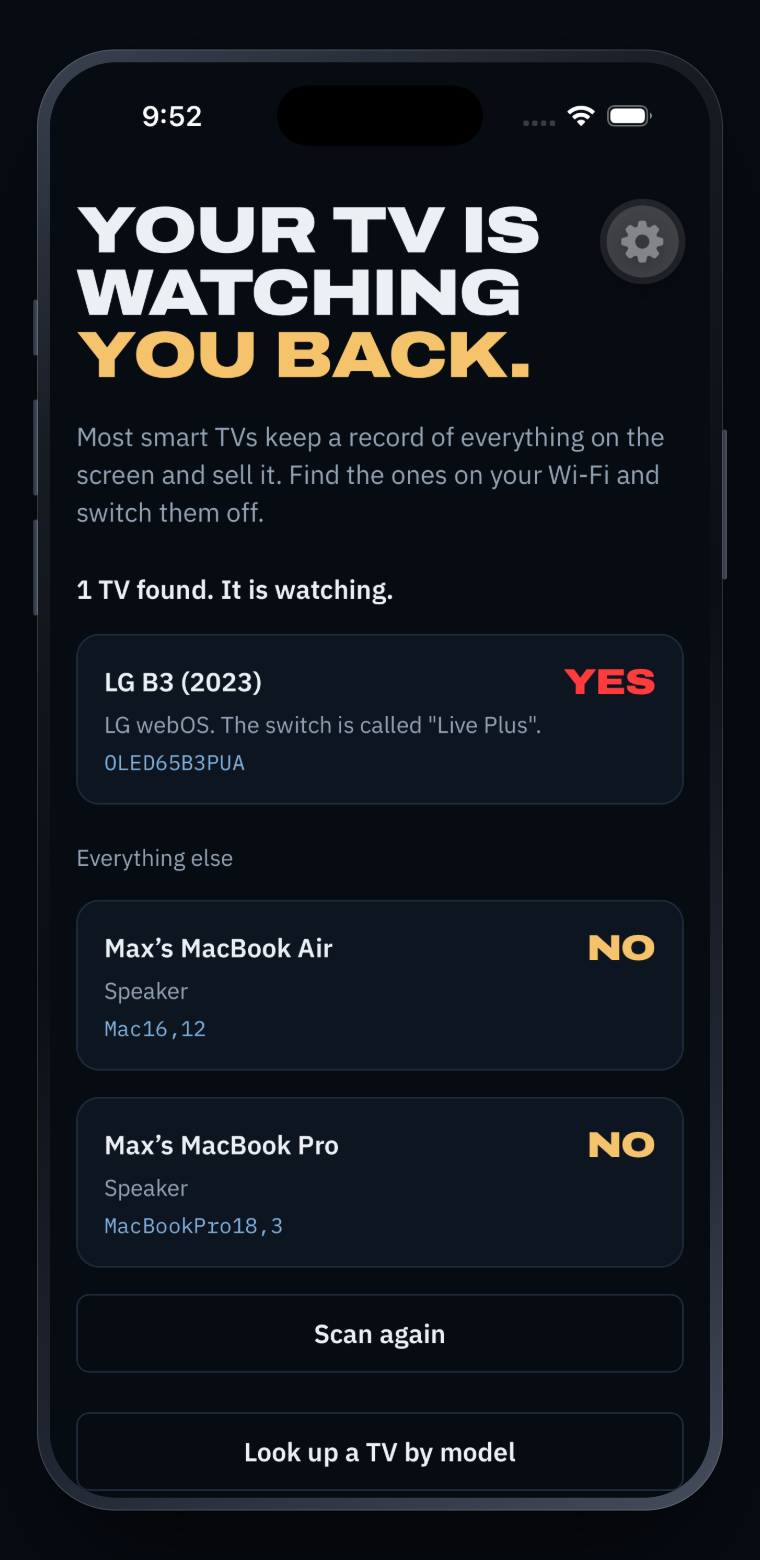 The Glassback app on a phone, showing one TV found with a red YES verdict and the menu path to switch it off.